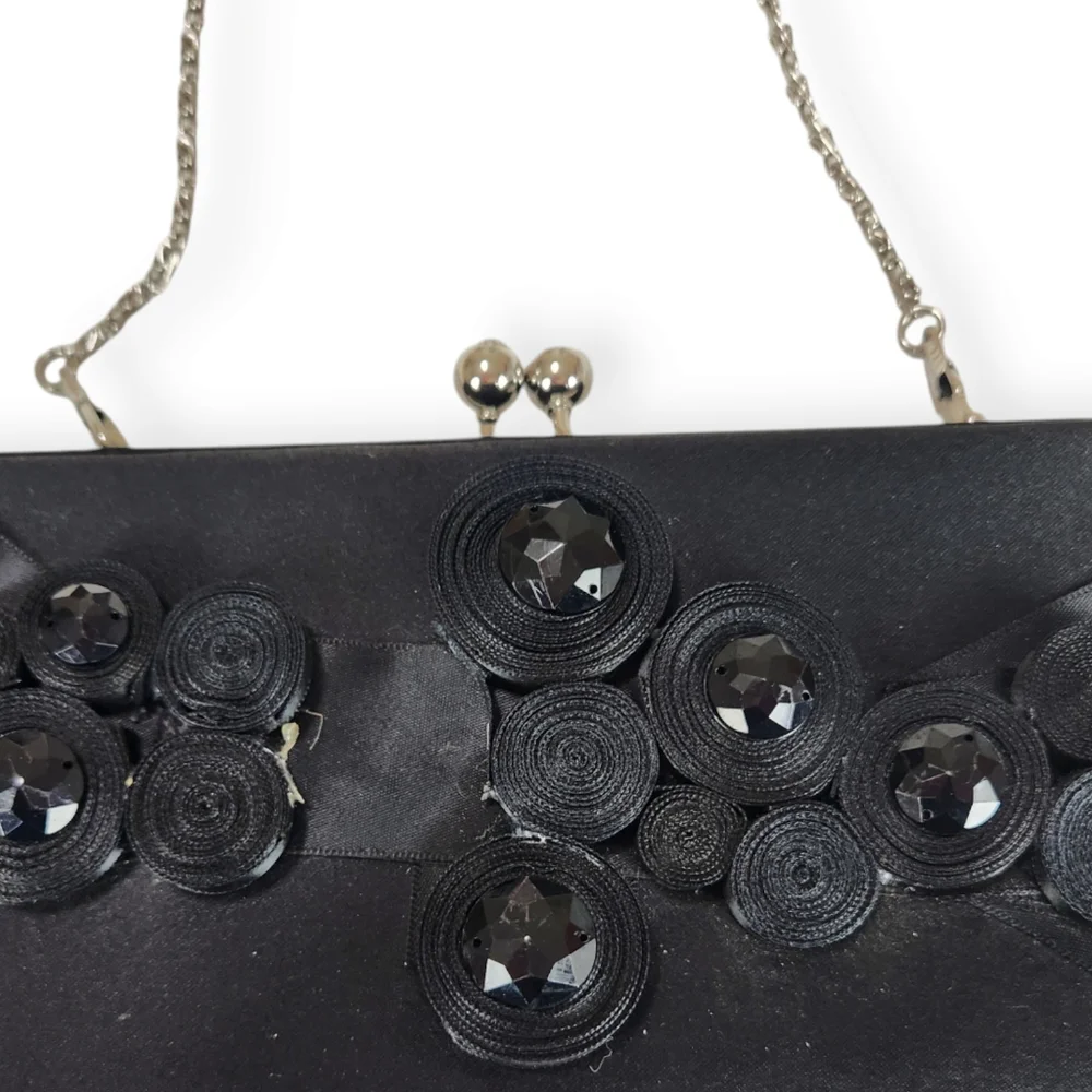 Elegant Black Evening Clutch with Jewel & Ribbon Accents